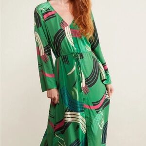 Anthropologie Green Abstract Print V-Neck Maxi Dress